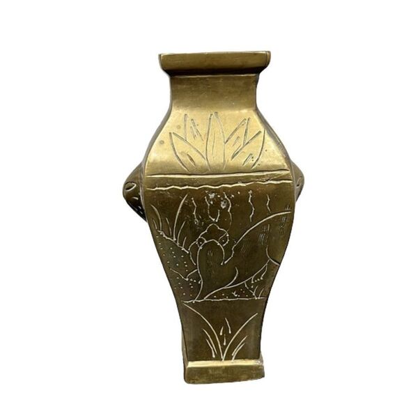 Antique Chinese 6” Brass Vase Etched Birds & Flowers Raised Heads on 2 Sides - Picture 3 of 9